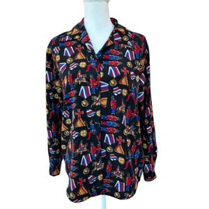 Alyssa Maxx Black Royal Guard Print Long Sleeve Button Up Shirt Womens M Relaxed